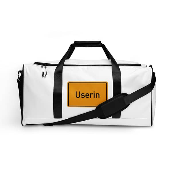 Eine weiße Userin Reisetasche mit dem Wort Userin darauf.