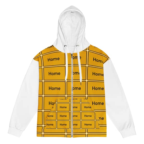 Ein gelb-weißer Unisex-Zip-Hoodie mit dem Wort „Home“ darauf.