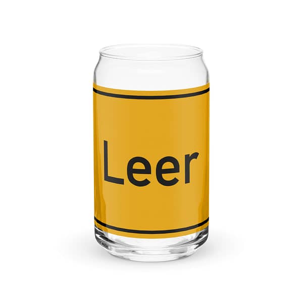 Ein Glas in Dosenform-Bierglas mit dem Wort leer darauf.
