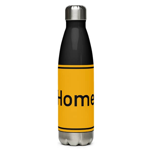 Beschreibung: Eine Trinkflasche aus Edelstahl mit dem Schriftzug „home“ darauf.