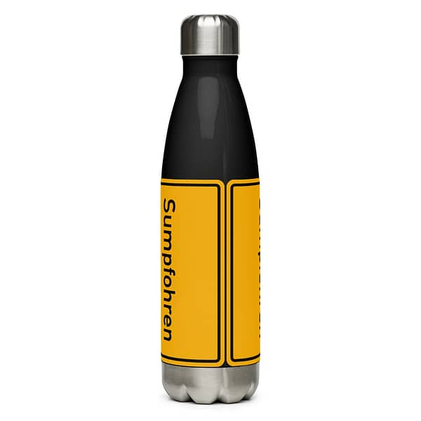 Beschreibung: Eine schwarze Edelstahl Trinkflasche mit gelbem Etikett.