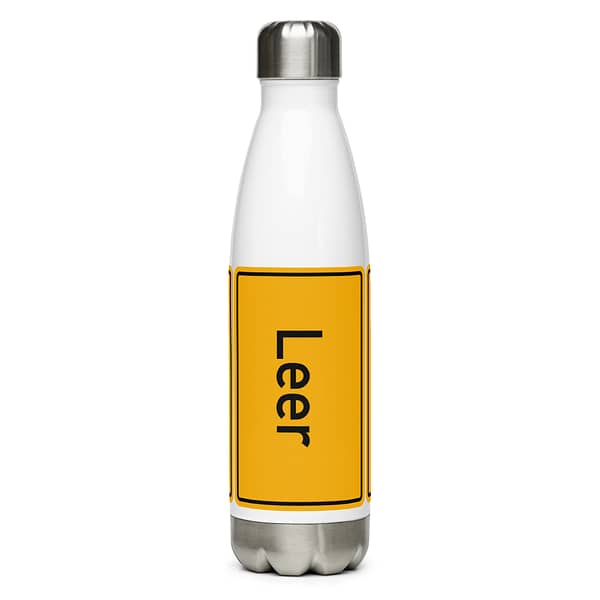 Eine gelbe Edelstahl Trinkflasche mit dem Wort leer darauf.