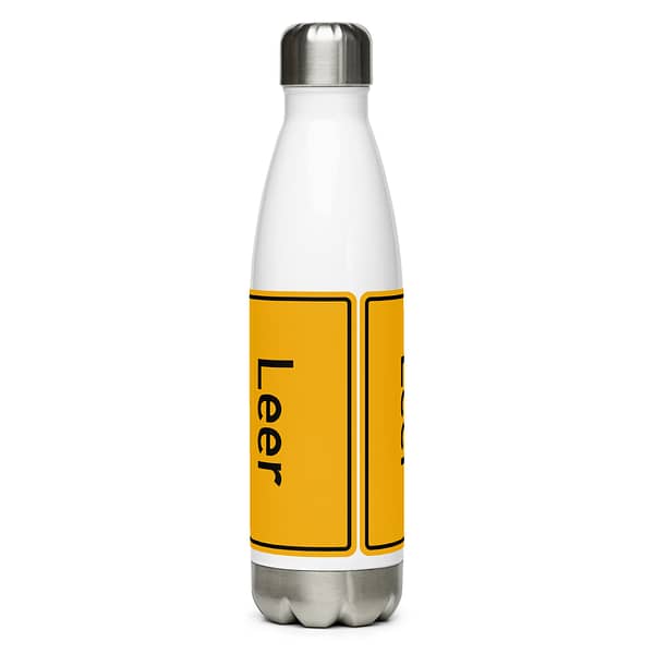 Eine gelbe und weiße Trinkflasche aus Edelstahl mit dem Wort 'leer' darauf.