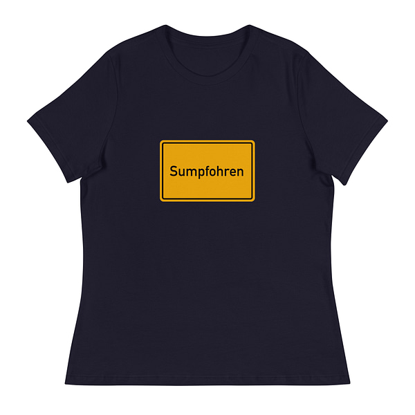 Ein Lockeres Damen-T-Shirt mit einem gelben Schild mit der Aufschrift „Sumphornen“.